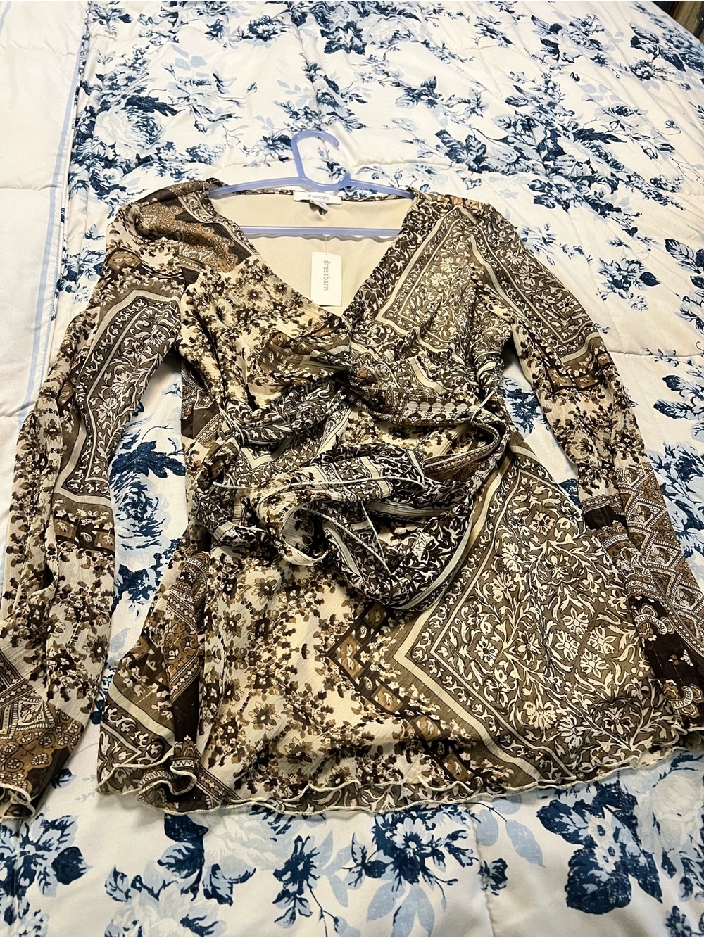 dressbarn Brown and Cream Printed Wrap Blouse
